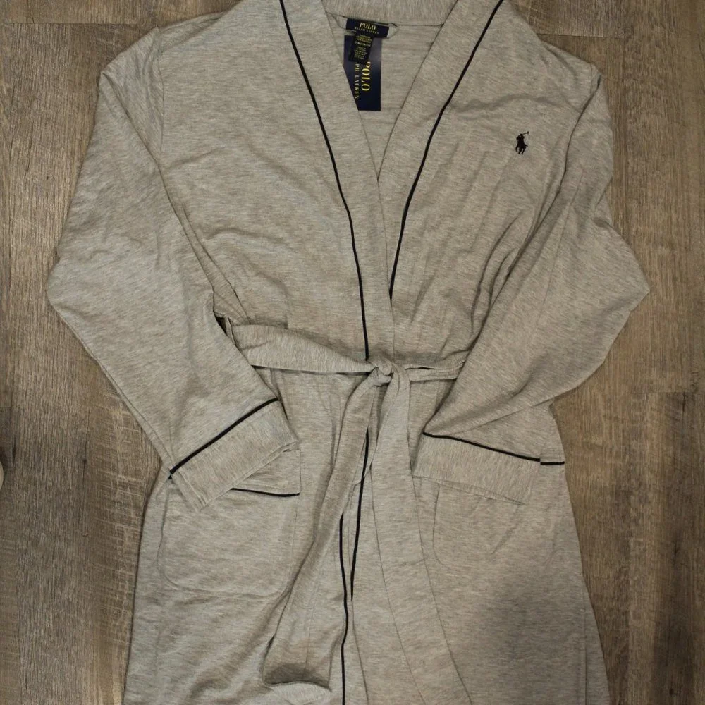NWT MEN'S‎ TERRY HEATHERED GRAY PIPED BATH ROBE